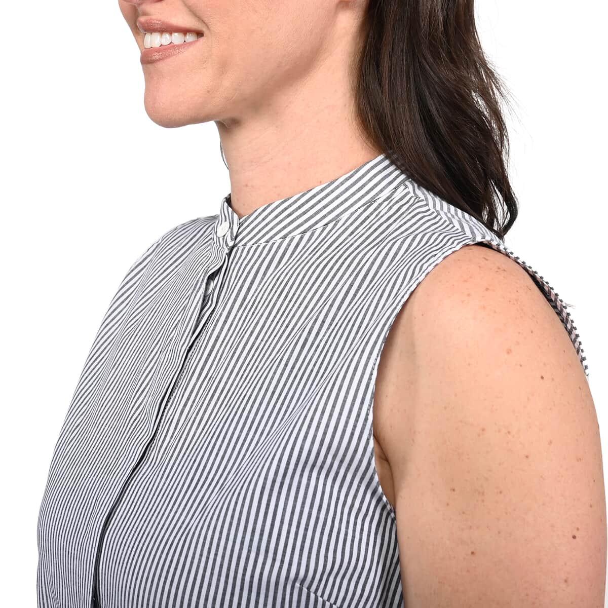 TAHARI Blue with White Striped Sleeveless Button-up Blouse - S image number 3