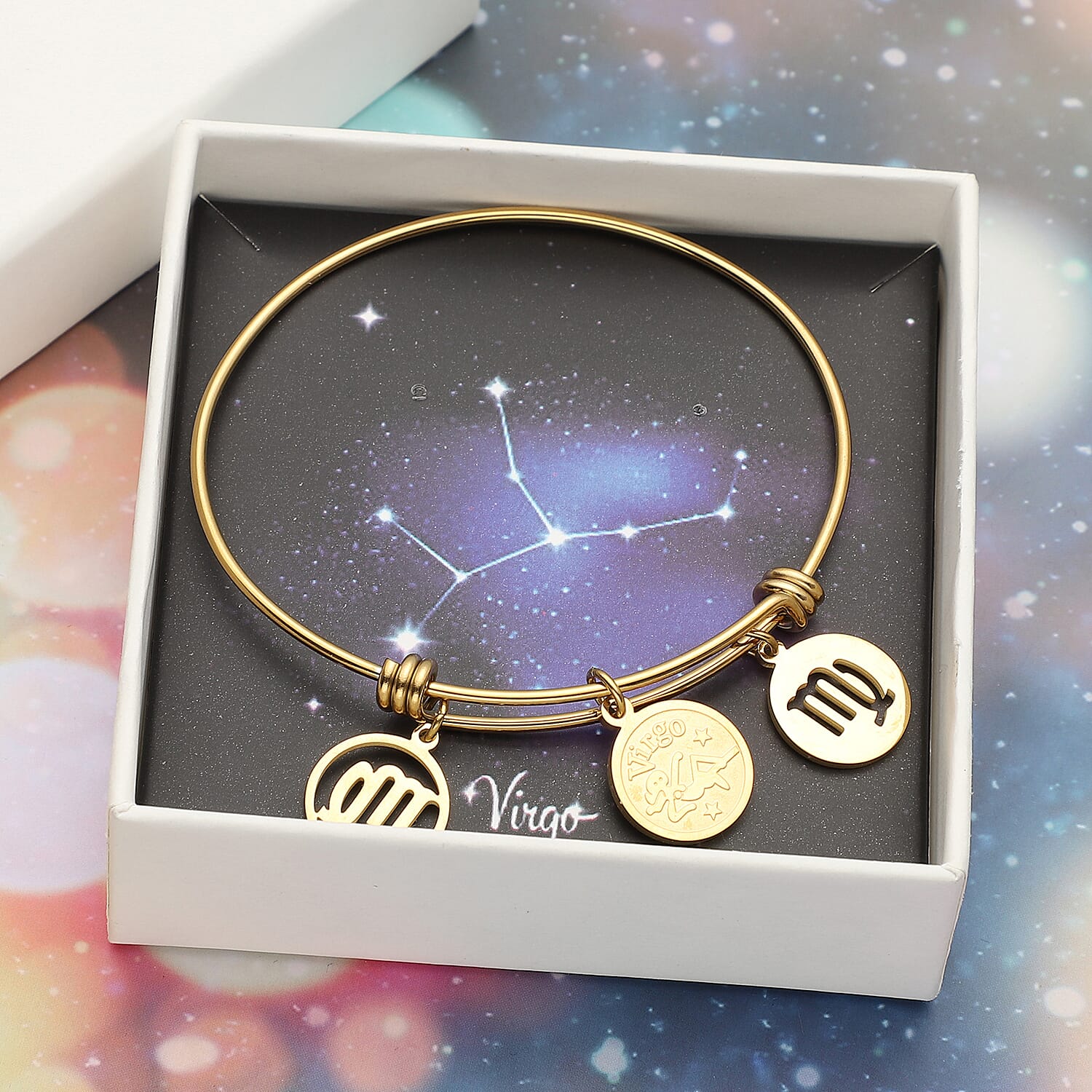 Virgo Zodiac Bangle Bracelet Gift Set in ION Plated Yellow Gold Stainless Steel (6-9 in)