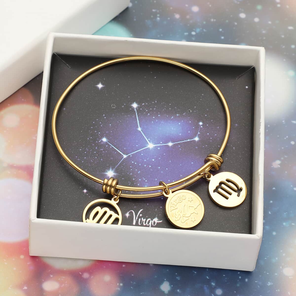 Virgo Zodiac Bangle Bracelet Gift Set in ION Plated Yellow Gold Stainless Steel (6-9 in) image number 0