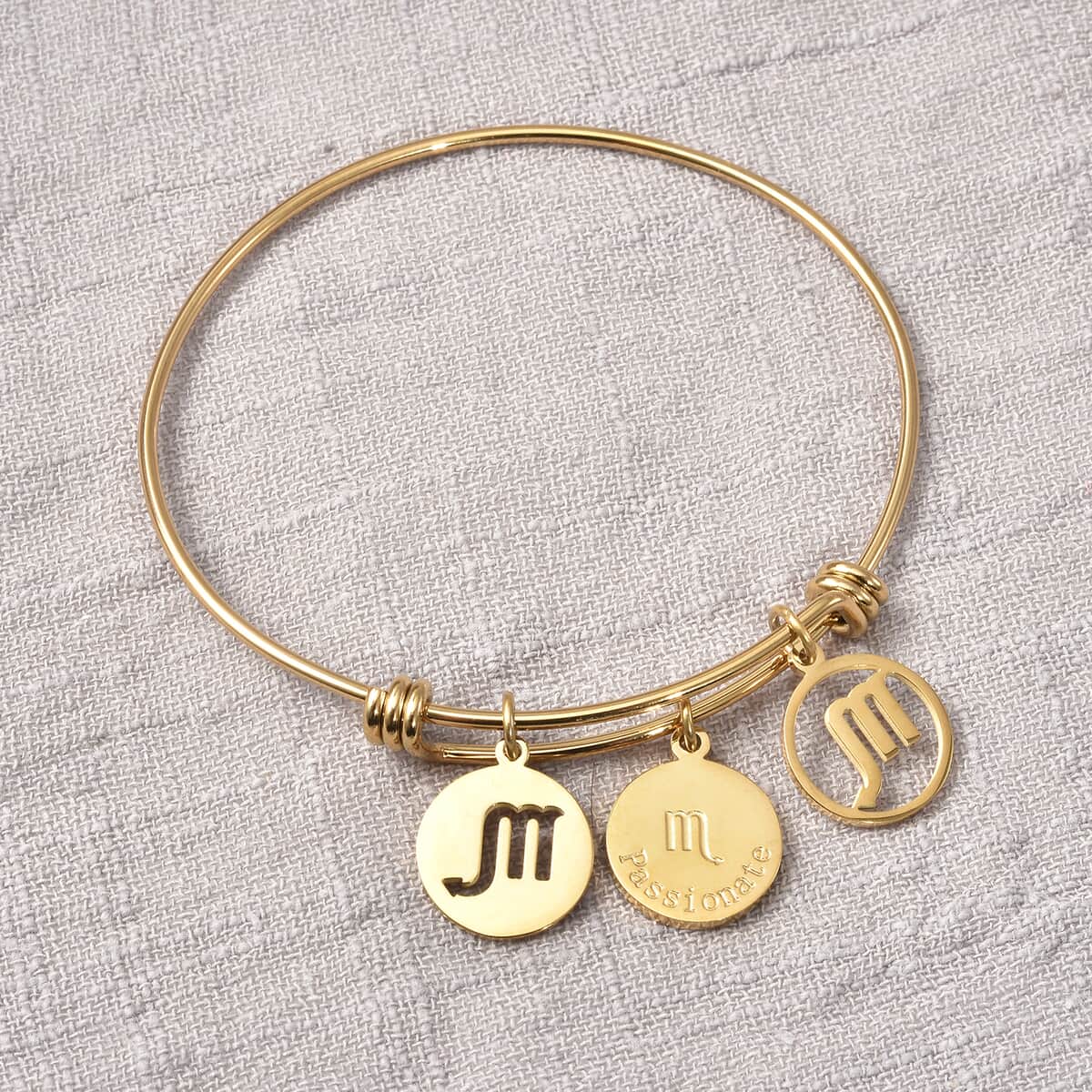 Virgo Zodiac Bangle Bracelet Gift Set in ION Plated Yellow Gold Stainless Steel (6-9 in) image number 2