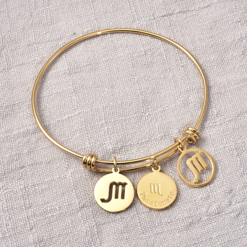 Virgo Zodiac Bangle Bracelet Gift Set in ION Plated Yellow Gold Stainless Steel (6-9 in)