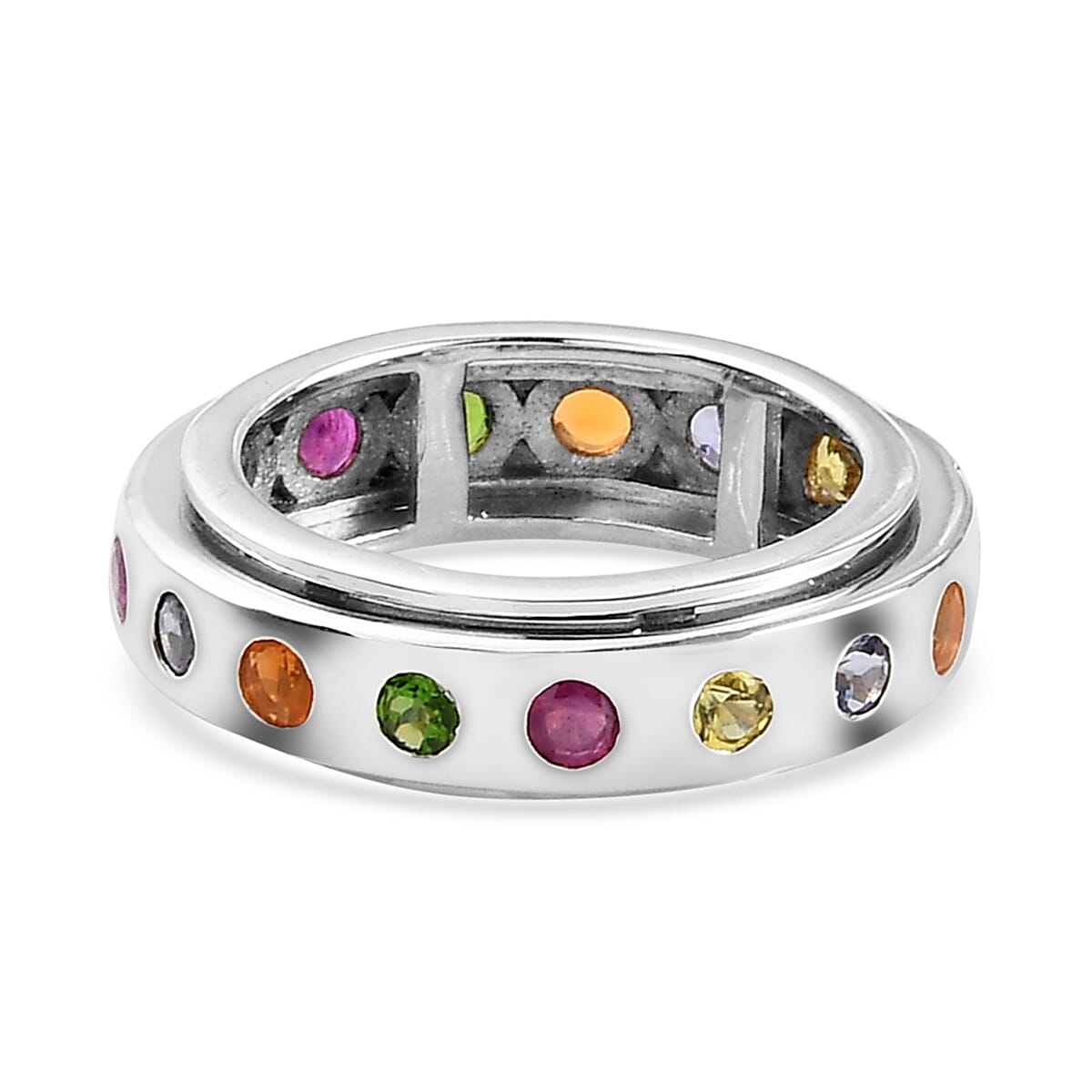 Multi Gemstone Spinner Band Ring in Platinum Over Sterling Silver (Size 5.0) 1.50 ctw