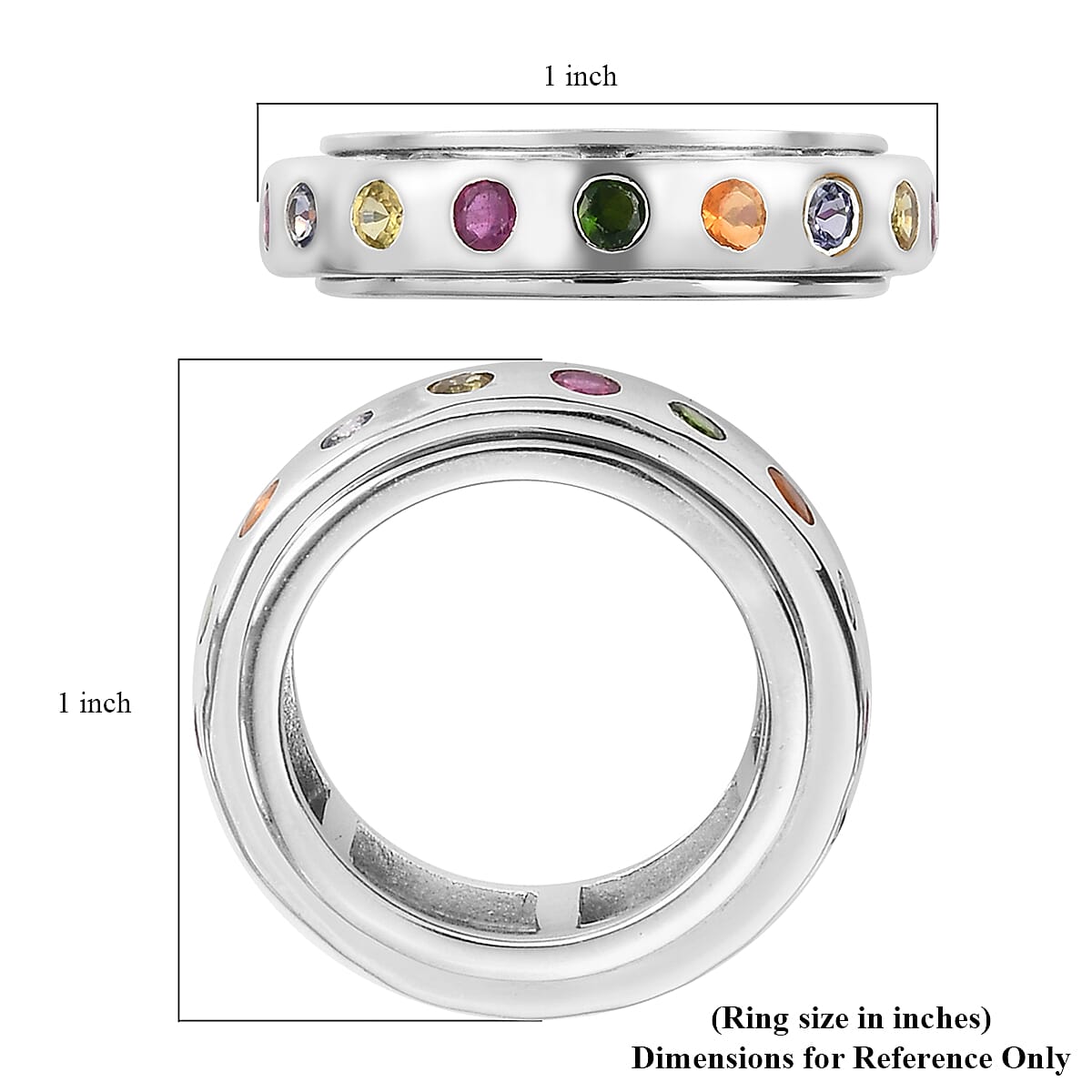 Multi Gemstone Spinner Band Ring in Platinum Over Sterling Silver (Size 5.0) 1.50 ctw