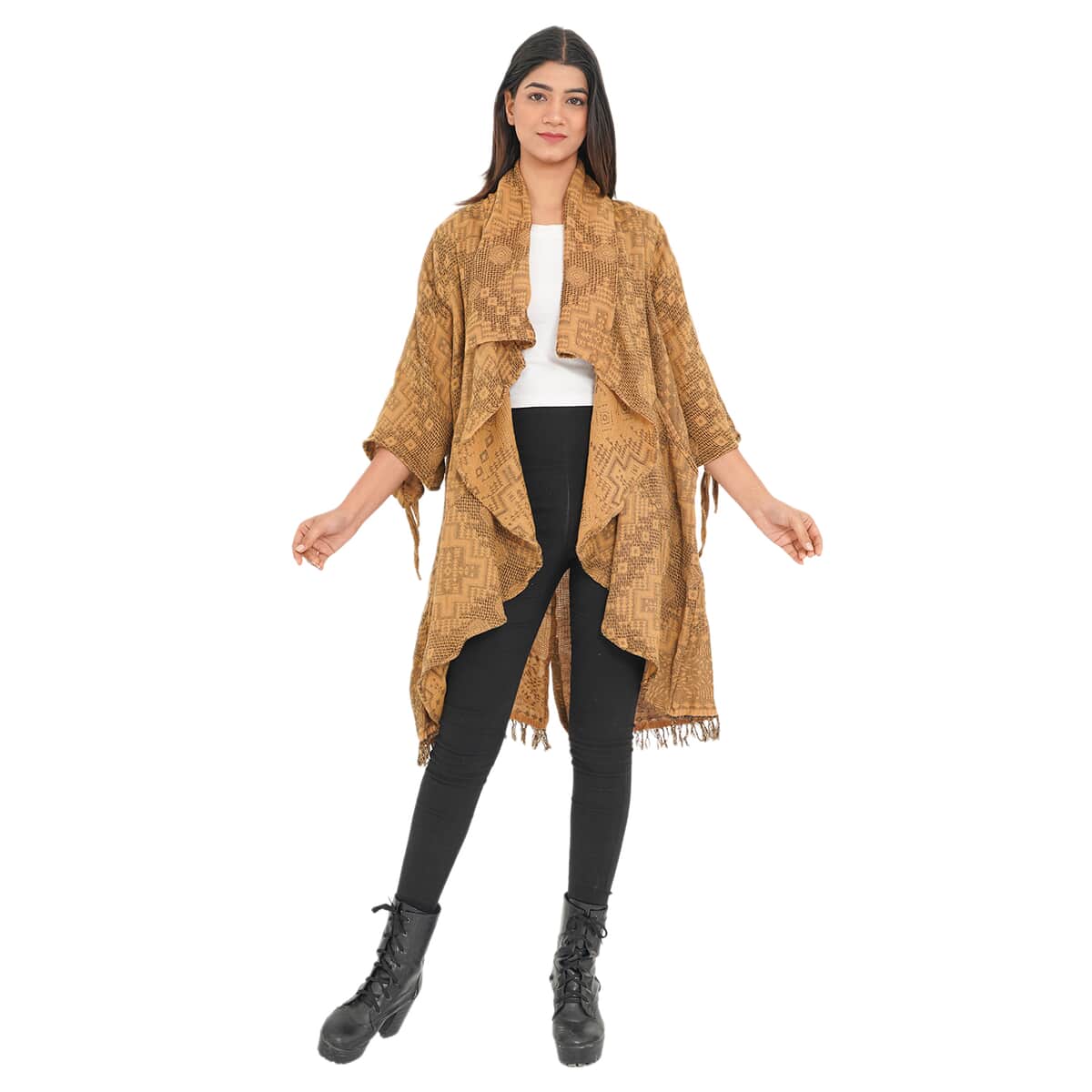 TAMSY Gold 100% Cotton Double Layer Jacquard Waterfall Front Cardigan - One Size Missy (35"x24") image number 0
