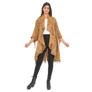 Tamsy Gold 100% Cotton Double Layer Jacquard Waterfall Front Cardigan - One Size Missy