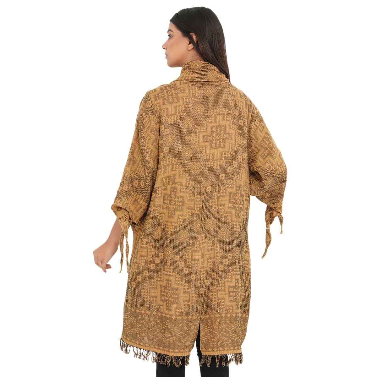 TAMSY Gold 100% Cotton Double Layer Jacquard Waterfall Front Cardigan - One Size Missy (35"x24") image number 1