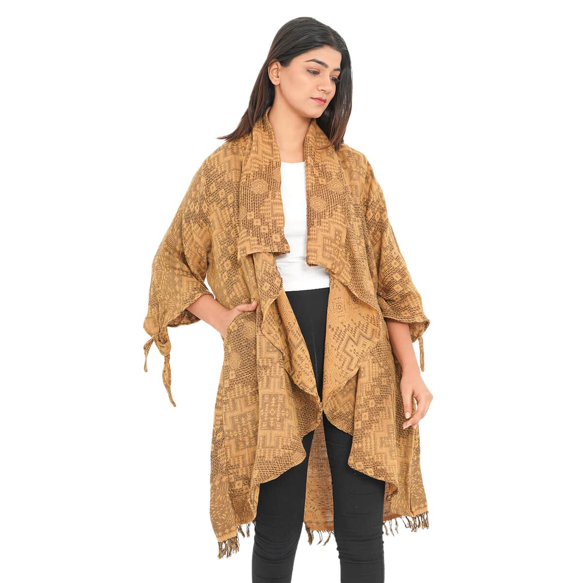 Tamsy Gold 100% Cotton Double Layer Jacquard Waterfall Front Cardigan - One Size Missy image number 2