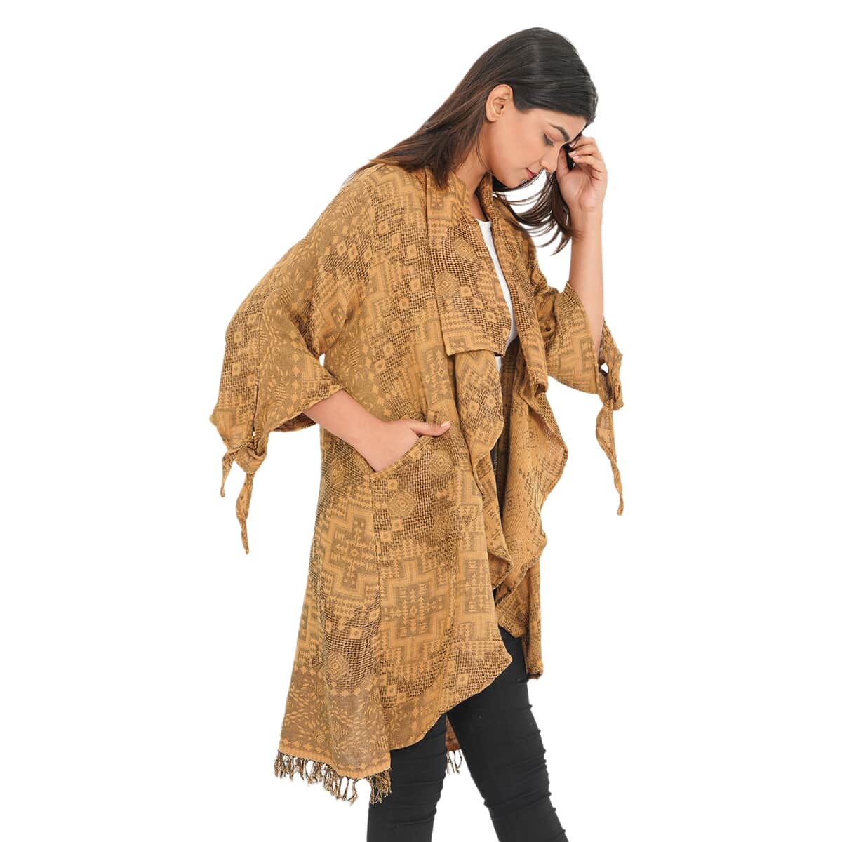 Tamsy Gold 100% Cotton Double Layer Jacquard Waterfall Front Cardigan - One Size Missy image number 3