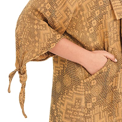 Tamsy Gold 100% Cotton Double Layer Jacquard Waterfall Front Cardigan - One Size Missy