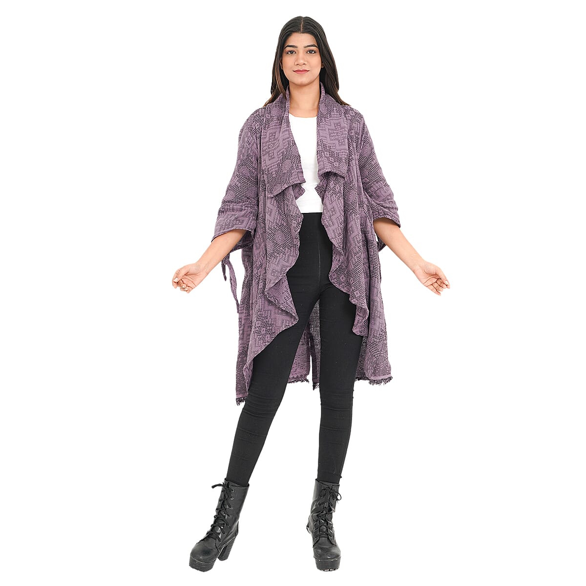 Tamsy Light Purple 100% Cotton Double Layer Jacquard Waterfall Front Cardigan - One Size Missy image number 0