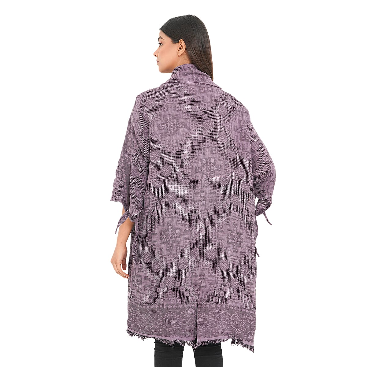 Tamsy Light Purple 100% Cotton Double Layer Jacquard Waterfall Front Cardigan - One Size Missy image number 1
