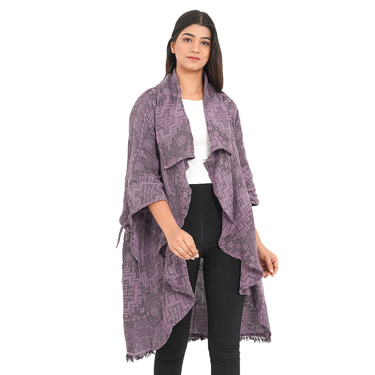 Tamsy Light Purple 100% Cotton Double Layer Jacquard Waterfall Front Cardigan - One Size Missy image number 2