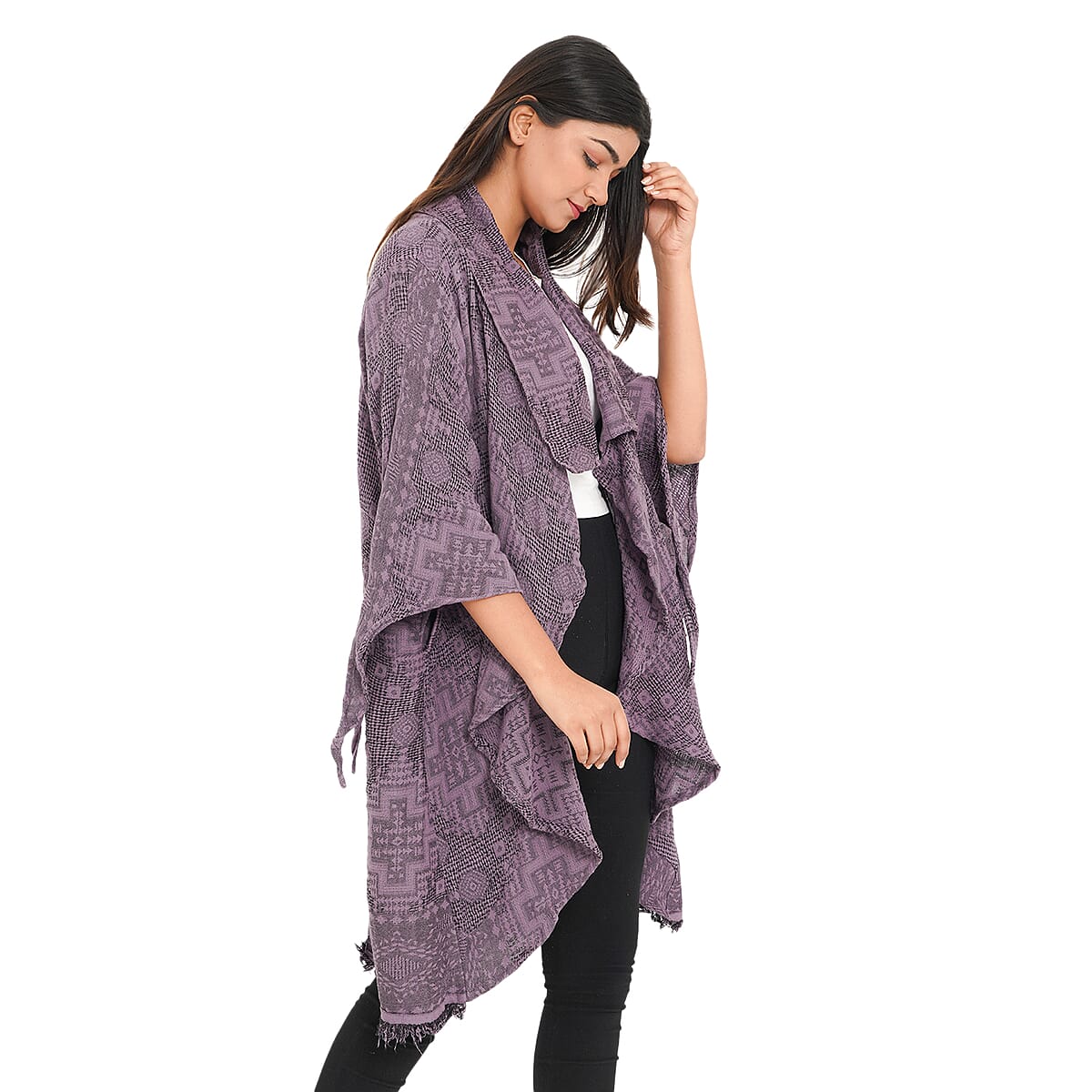 Tamsy Light Purple 100% Cotton Double Layer Jacquard Waterfall Front Cardigan - One Size Missy image number 3