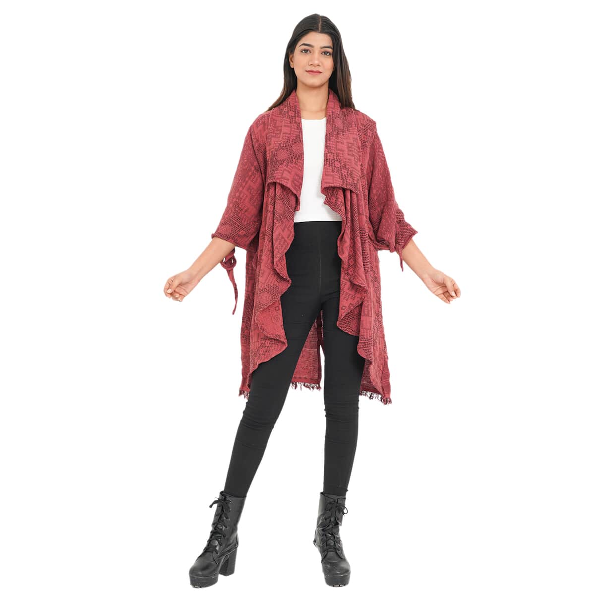 Tamsy Burgundy 100% Cotton Double Layer Jacquard Waterfall Front Cardigan - One Size Missy image number 0
