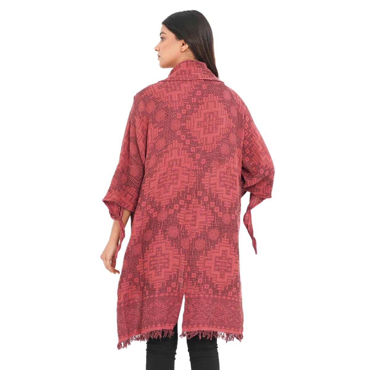 Tamsy Burgundy 100% Cotton Double Layer Jacquard Waterfall Front Cardigan - One Size Missy image number 1