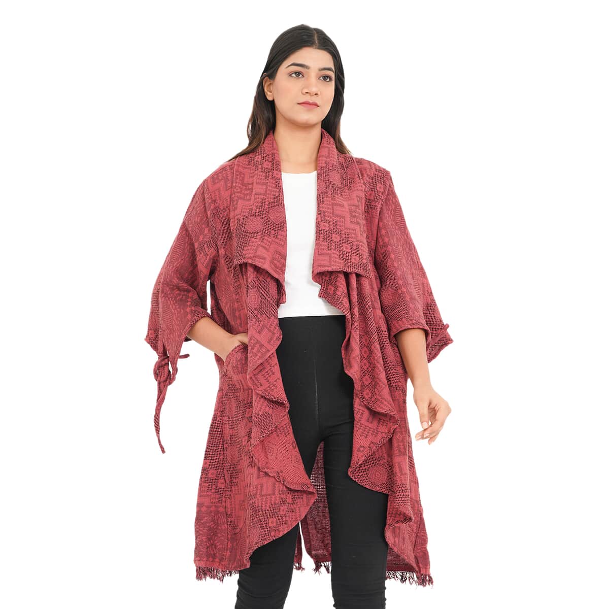 Tamsy Burgundy 100% Cotton Double Layer Jacquard Waterfall Front Cardigan - One Size Missy image number 2