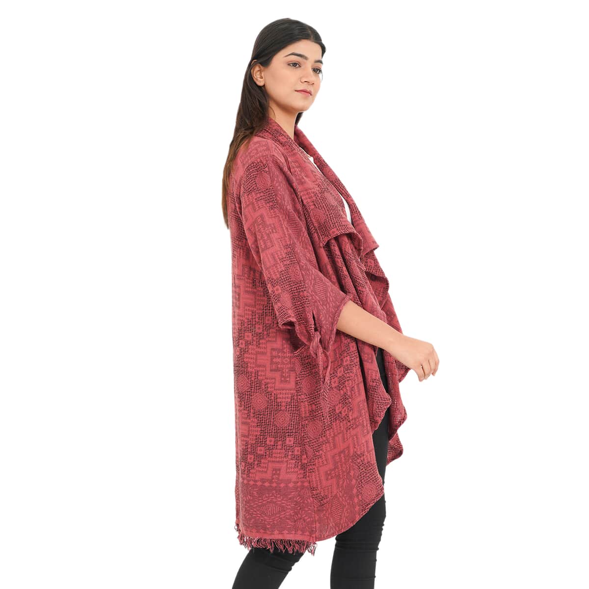 Tamsy Burgundy 100% Cotton Double Layer Jacquard Waterfall Front Cardigan - One Size Missy image number 3