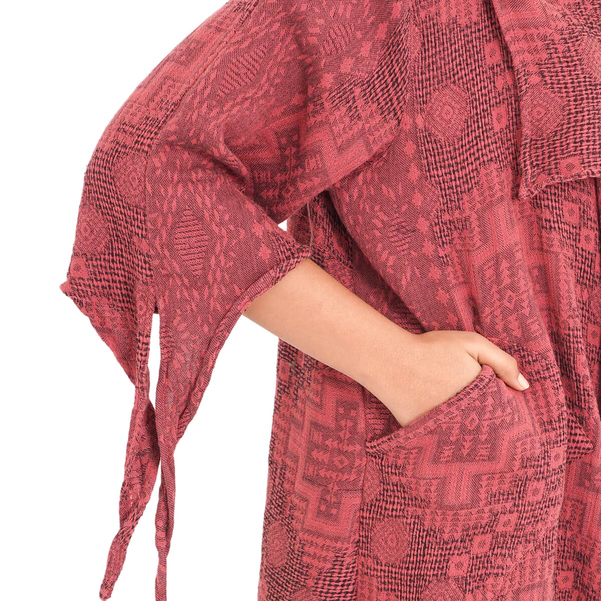 Tamsy Burgundy 100% Cotton Double Layer Jacquard Waterfall Front Cardigan - One Size Missy image number 4