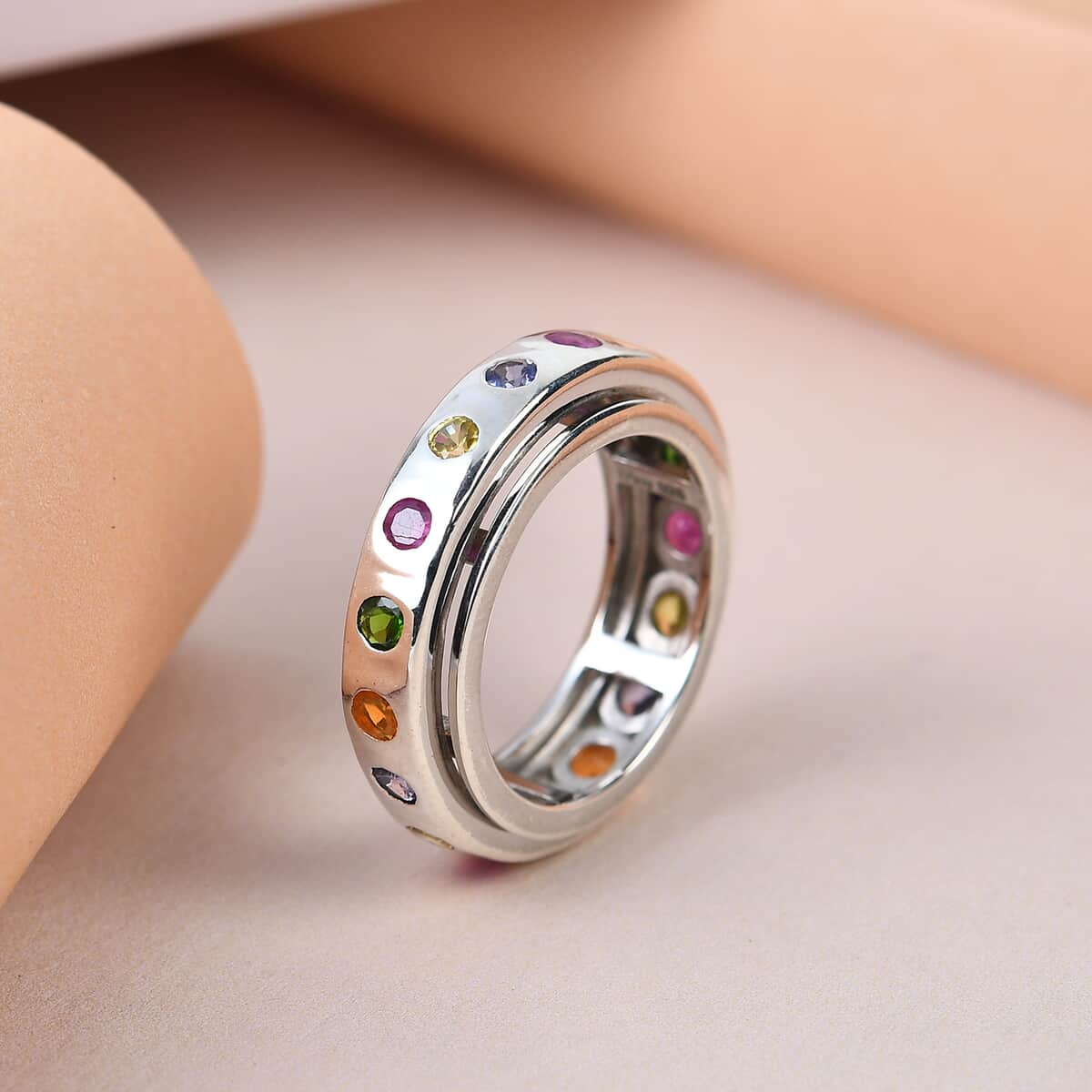 Multi Gemstone Spinner Band Ring in Platinum Over Sterling Silver (Size 10.0) 1.50 ctw image number 1