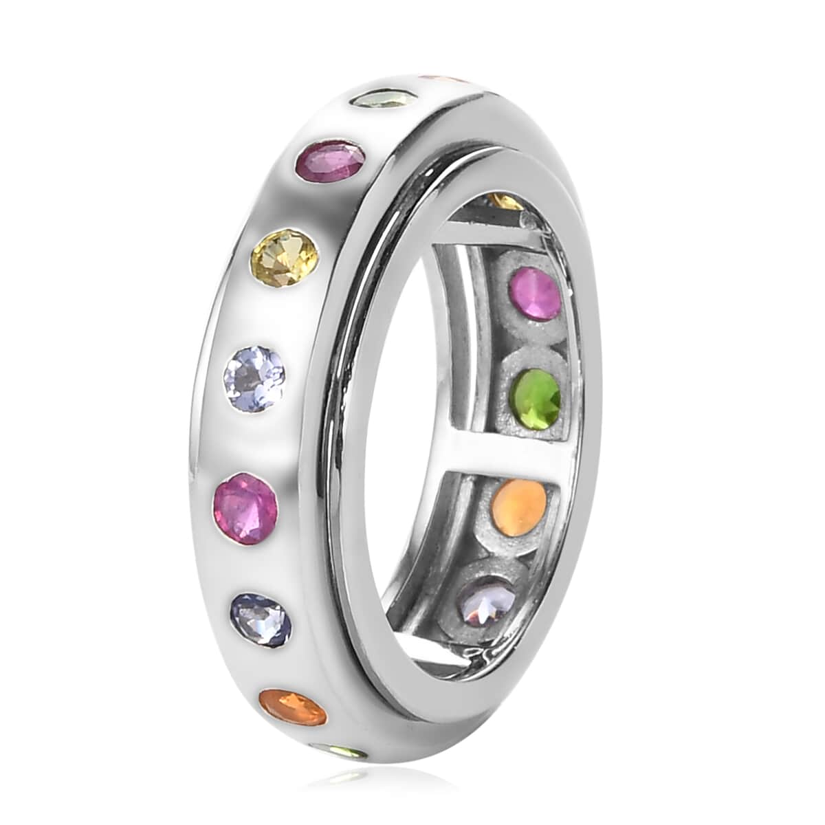 Multi Gemstone Spinner Band Ring in Platinum Over Sterling Silver (Size 10.0) 1.50 ctw image number 3