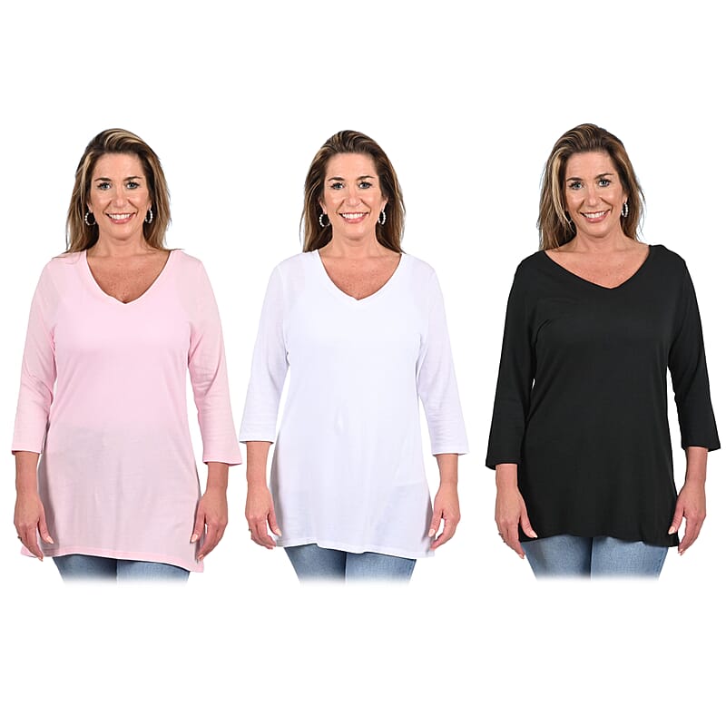 Set of 3 HANES CLOSEOUT Flowy V-Neck Tunic Top - Pink, White and Black (L)