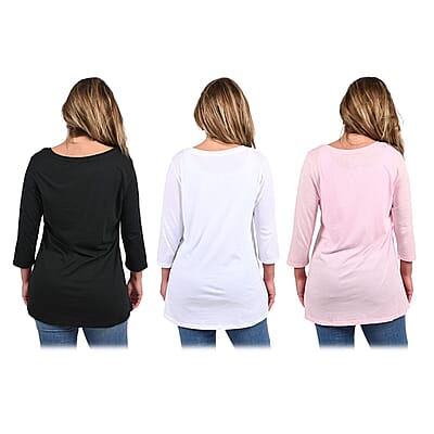 Set of 3 HANES CLOSEOUT Flowy V-Neck Tunic Top - Pink, White and Black (L)