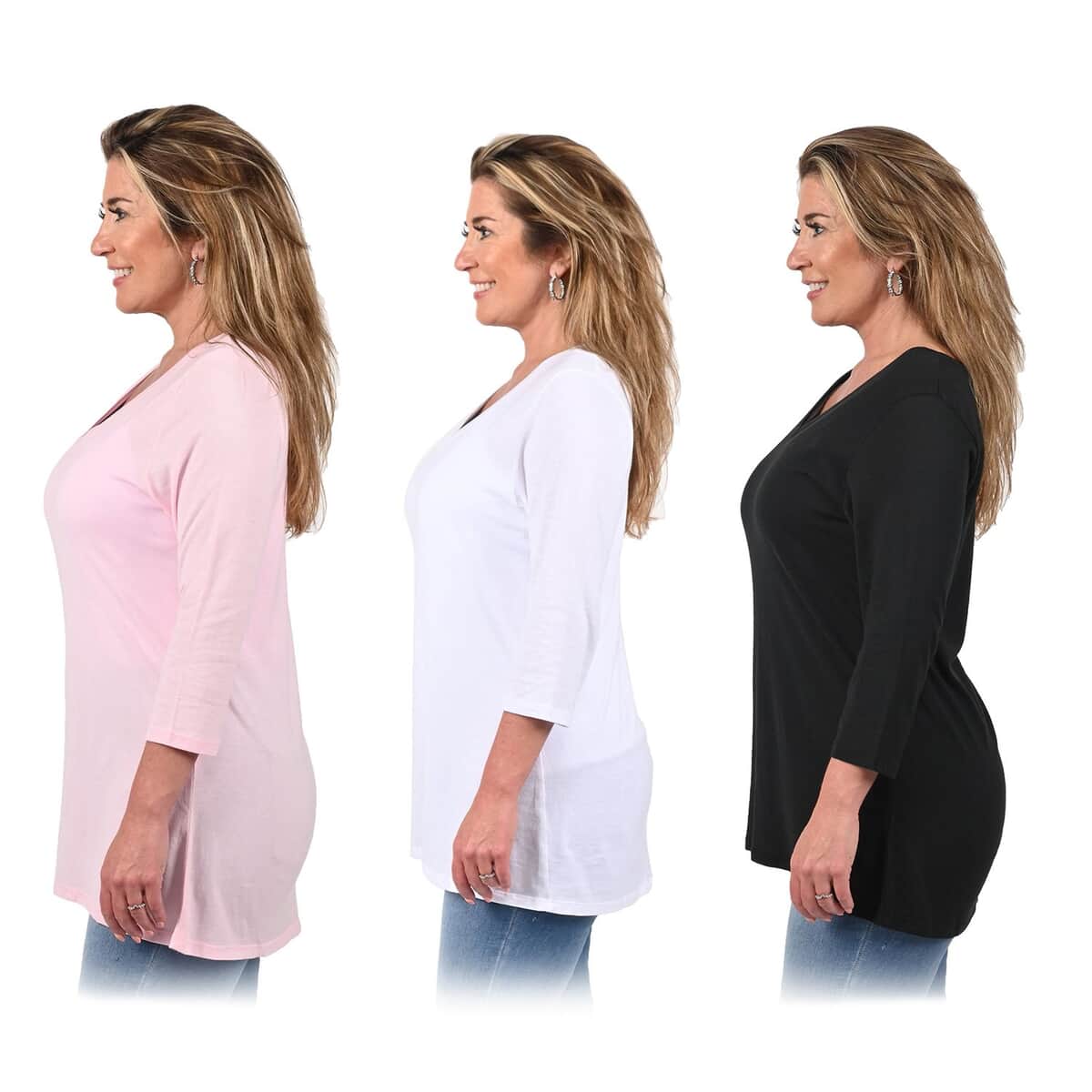 TLV Set of 3 HANES CLOSEOUT Flowy V-Neck Tunic Top - Pink, White and Black (L) image number 2