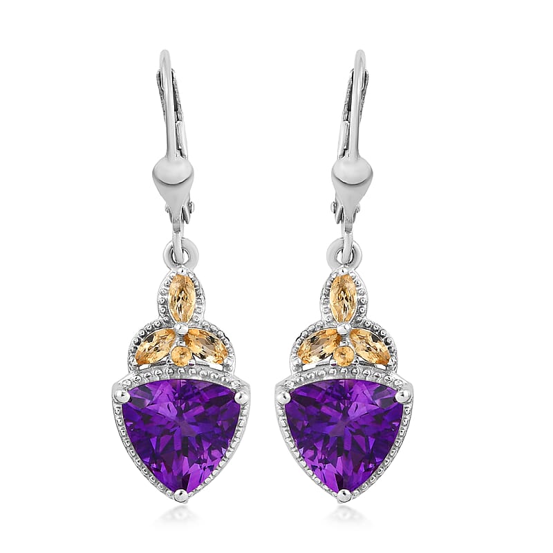 Moroccan Amethyst and Santa Ana Madeira Citrine Lever Back Earrings in Platinum Over Sterling Silver 5.65 ctw