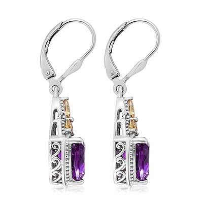 Moroccan Amethyst and Santa Ana Madeira Citrine Lever Back Earrings in Platinum Over Sterling Silver 5.65 ctw
