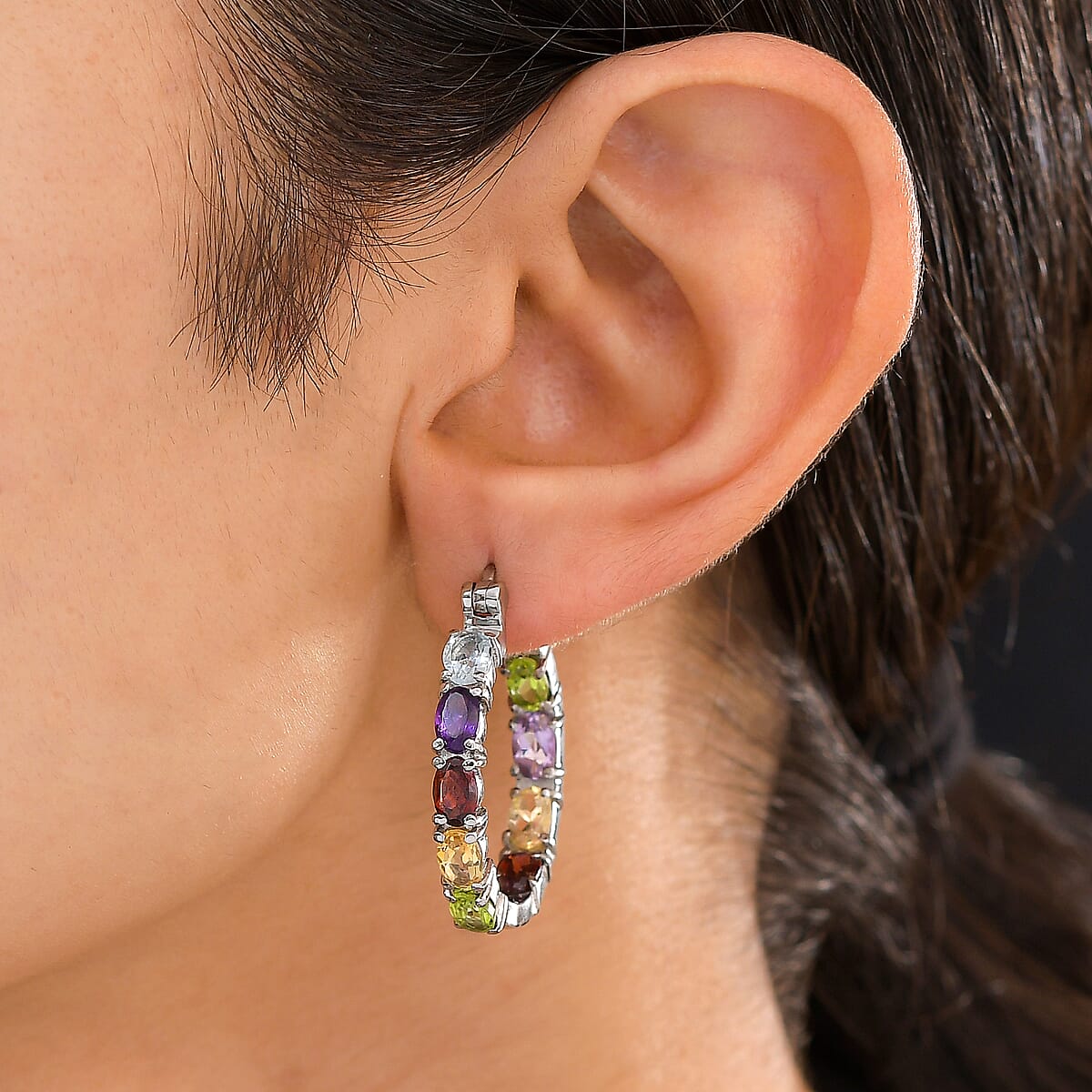 Multi Gemstone Hoop Earrings in Stainless Steel 9.15 ctw image number 1