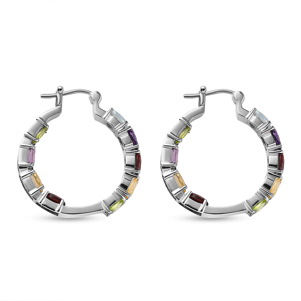 Multi Gemstone Hoop Earrings in Stainless Steel 9.15 ctw image number 2
