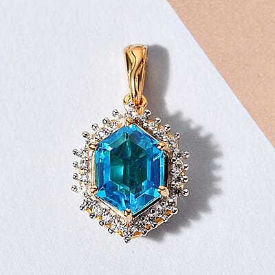 Caribbean Quartz (Triplet) and Natural White Zircon Halo Pendant in Vermeil Yellow Gold Over Sterling Silver 3.60 ctw
