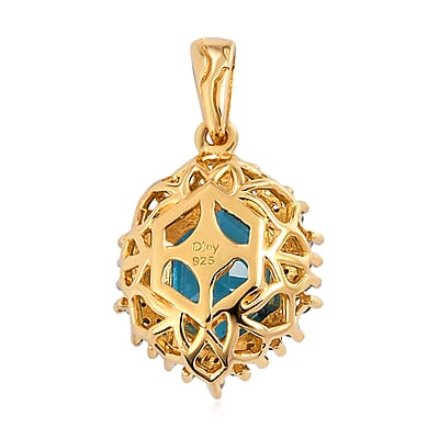 Caribbean Quartz (Triplet) and Natural White Zircon Halo Pendant in Vermeil Yellow Gold Over Sterling Silver 3.60 ctw