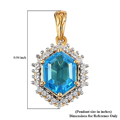 Caribbean Quartz (Triplet) and Natural White Zircon Halo Pendant in Vermeil Yellow Gold Over Sterling Silver 3.60 ctw
