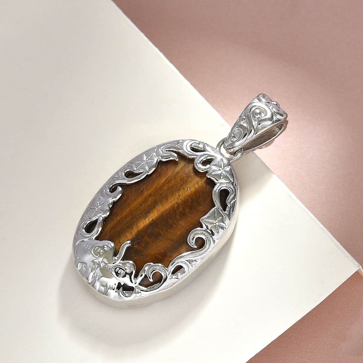 Tiger's Eye Solitaire Pendant in Platinum Over Copper with Magnet 33.65 ctw image number 1