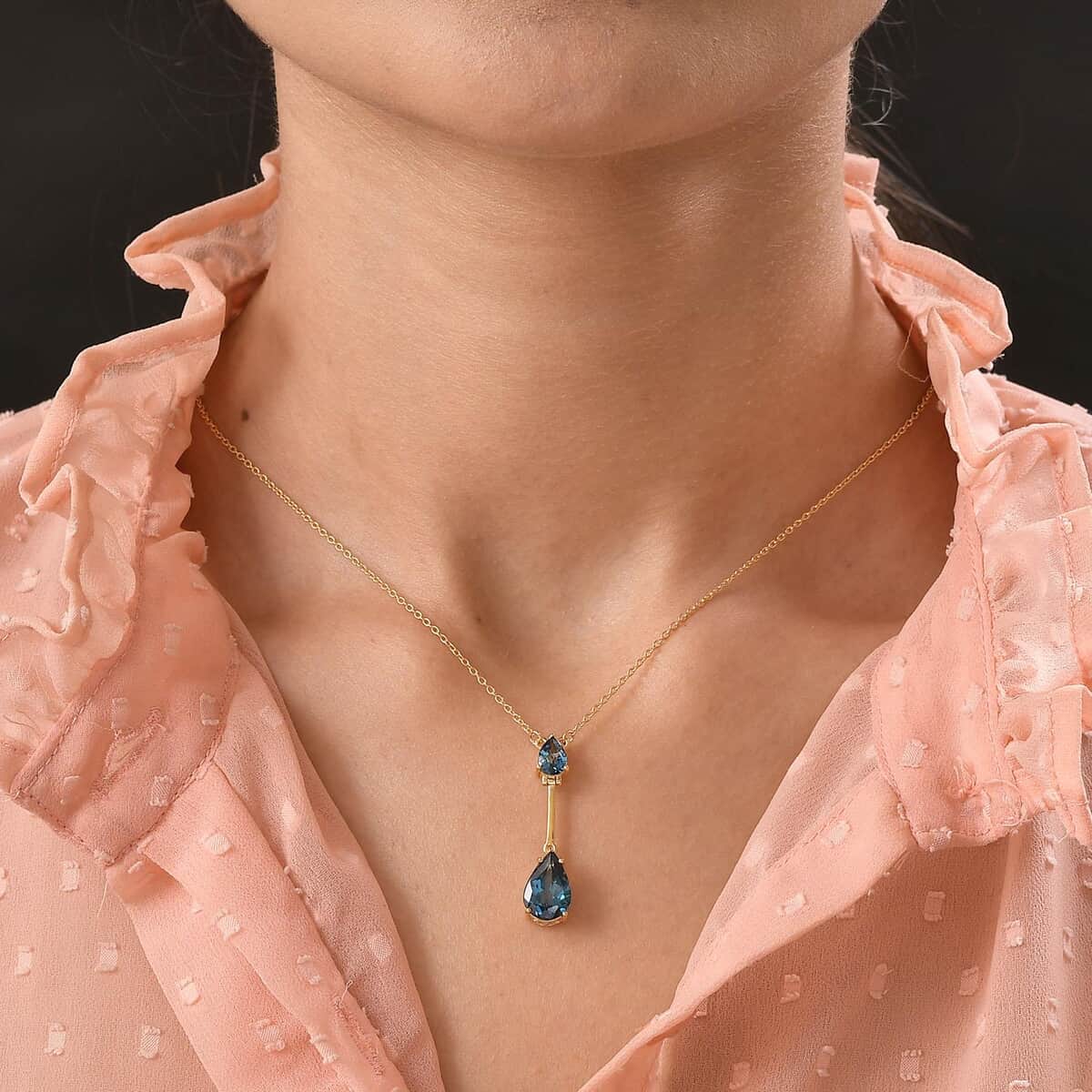 London Blue Topaz Tear Drop Necklace 18 Inches in Vermeil Yellow Gold Over Sterling Silver 3.75 ctw image number 2