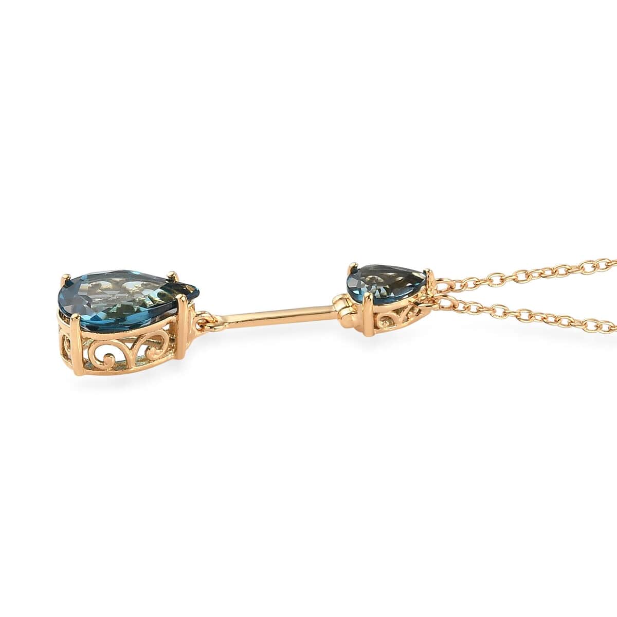 London Blue Topaz Tear Drop Necklace 18 Inches in Vermeil Yellow Gold Over Sterling Silver 3.75 ctw image number 3