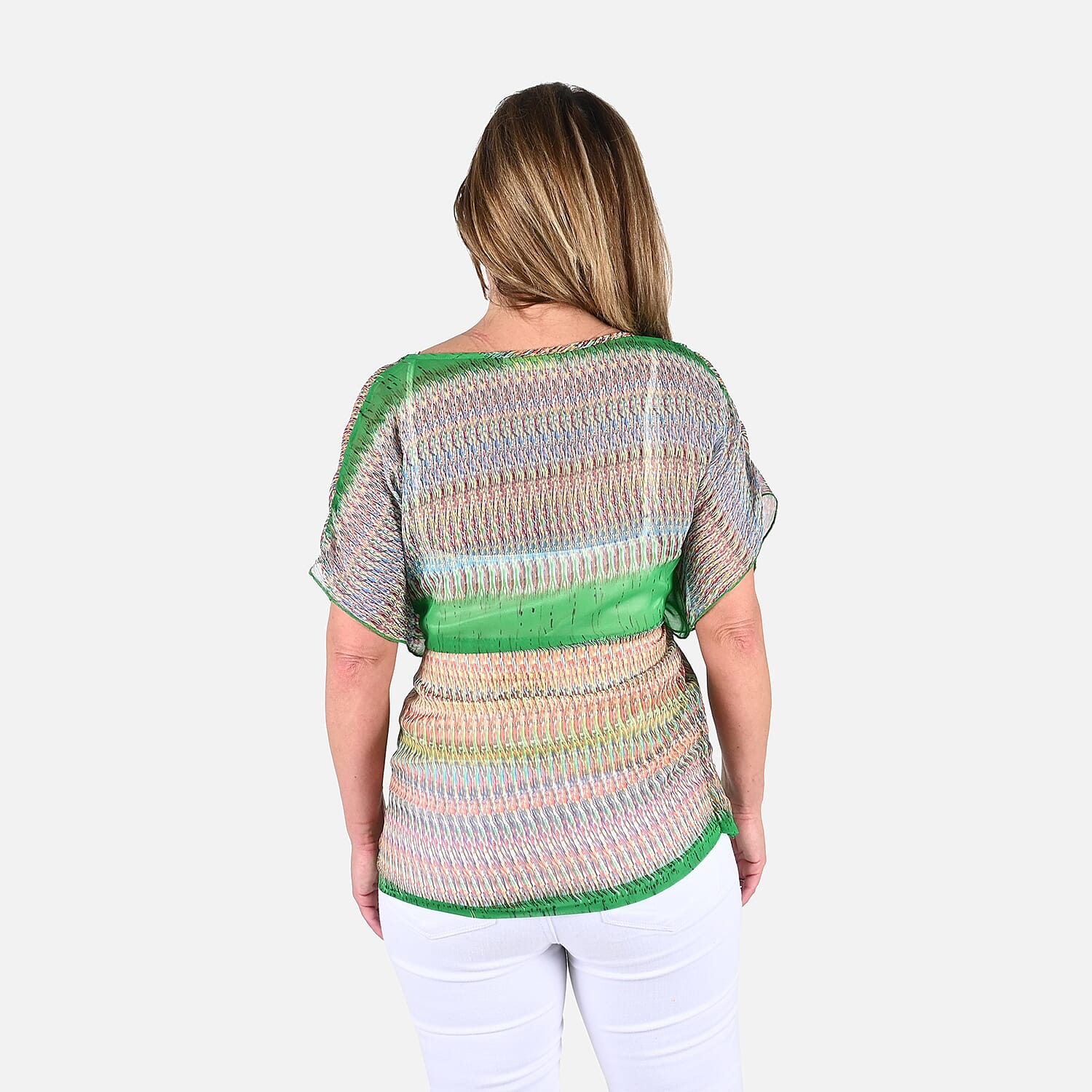 Tamsy Multi Green Mesh Blouse with Waist Tie - One Size Fits Most