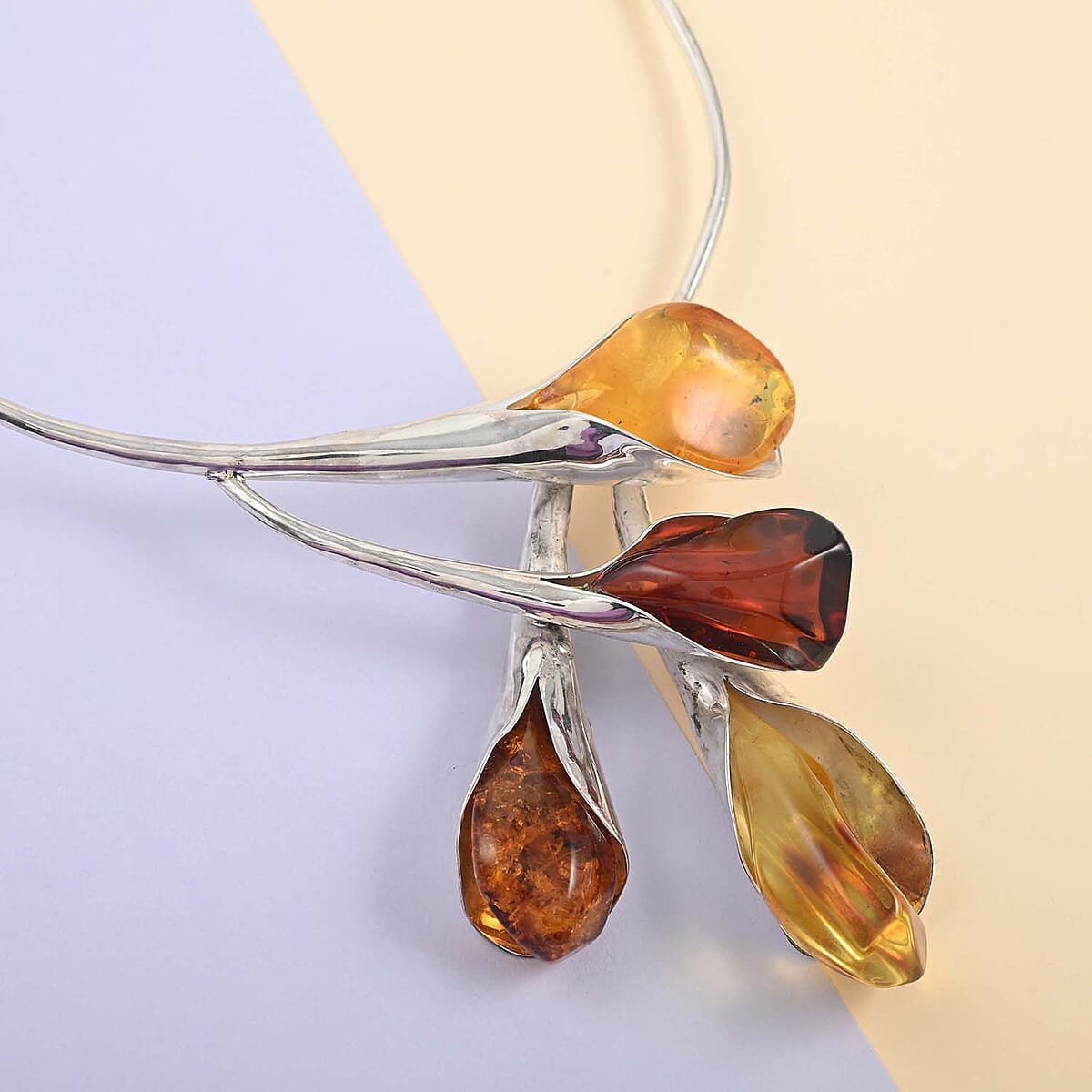 ONE OF A KIND Baltic Amber Choker Floral Necklace 16 Inches in Sterling Silver 87 Grams image number 1