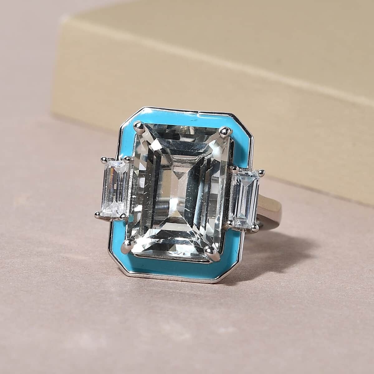 Montezuma Prasiolite and Natural White Zircon Ring in Platinum Over Sterling Silver (Size 7.0) 8.20 ctw image number 1