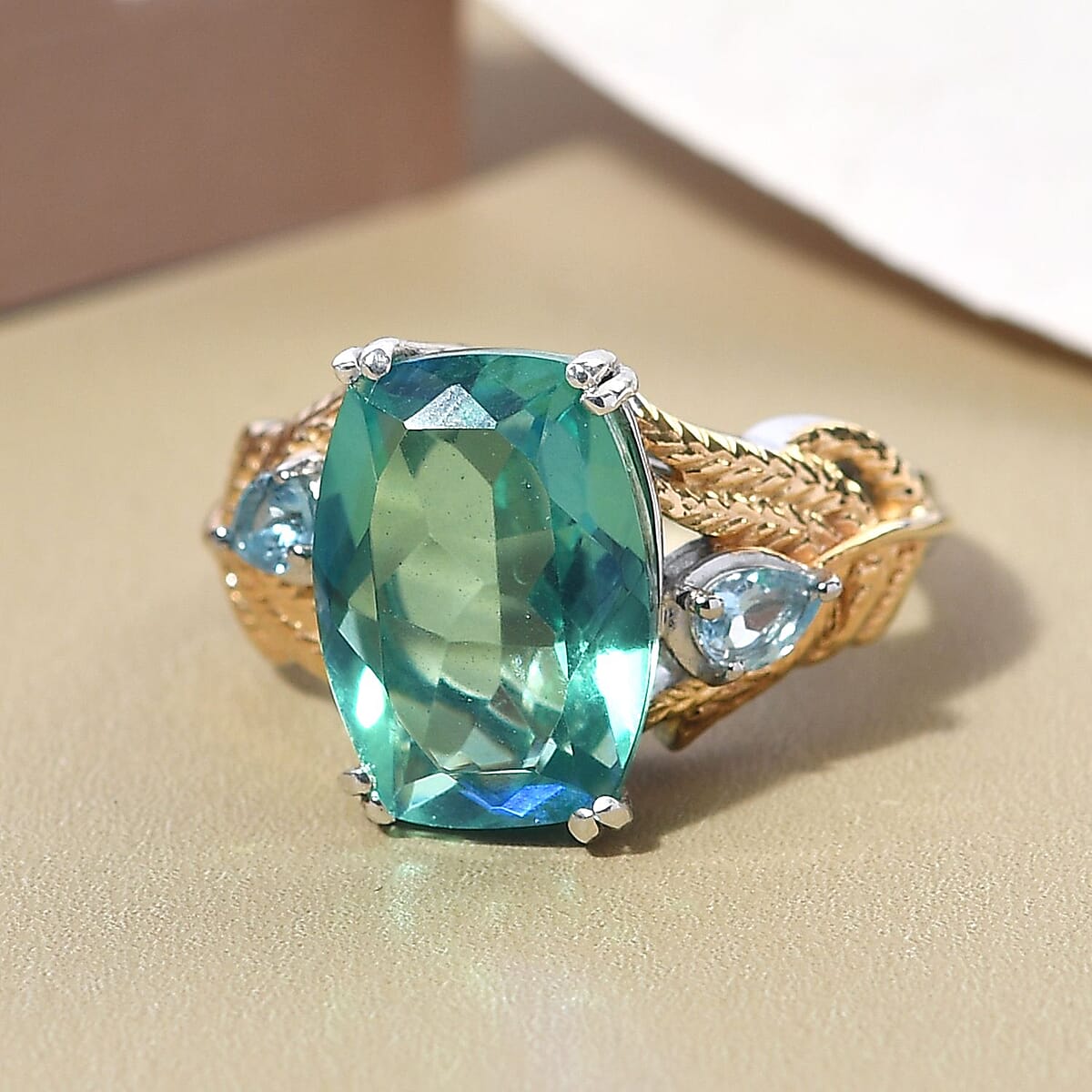 Peacock Quartz and Blue Topaz Peacock Feather Ring in Vermeil Yellow Gold and Platinum Over Sterling Silver (Size 7.0) 6.50 ctw image number 1