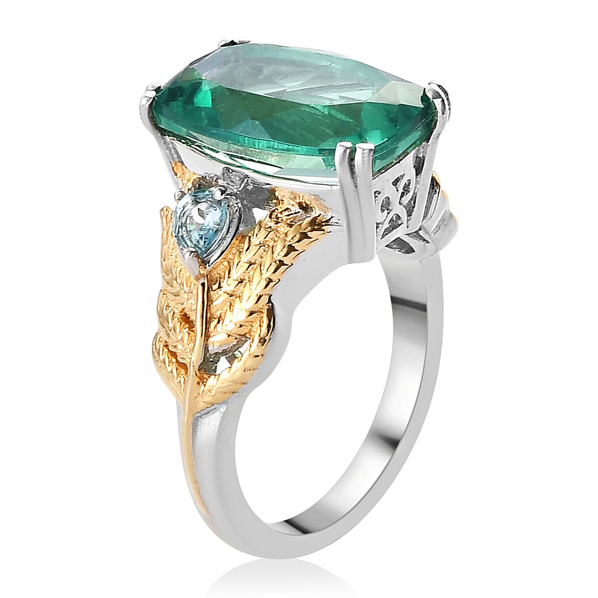 Peacock Quartz and Blue Topaz Peacock Feather Ring in Vermeil Yellow Gold and Platinum Over Sterling Silver (Size 7.0) 6.50 ctw image number 3