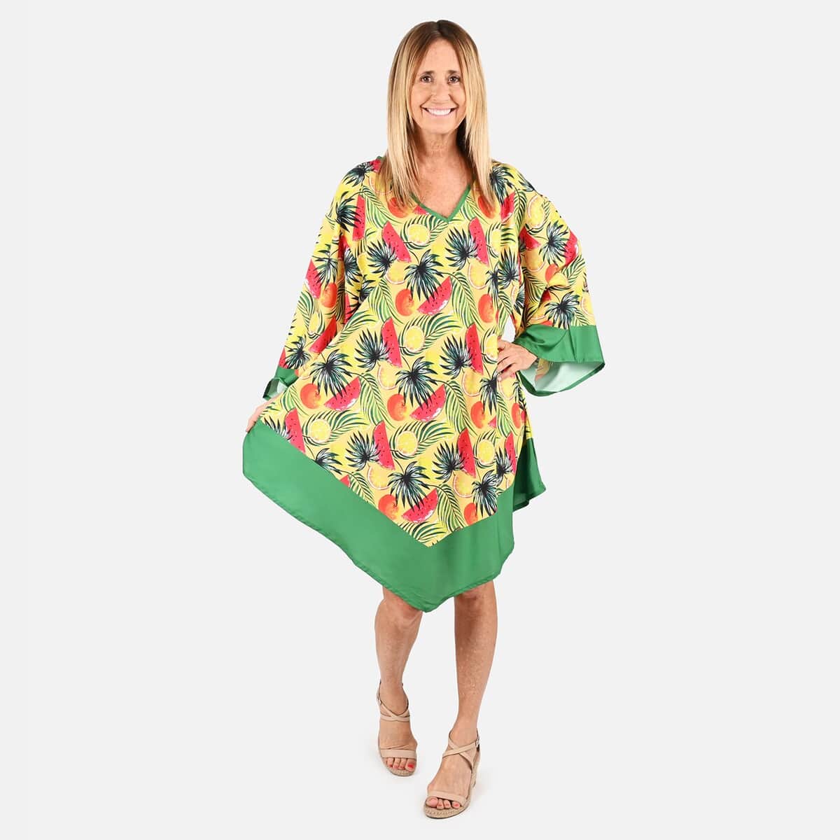 Tamsy Yellow and Green Floral & Fruit Print Handkerchief Kaftan Dress - One Size Fits Most , Holiday Dress , Swimsuit Cover Up , Beach Cover Ups , Holiday Clothes image number 0