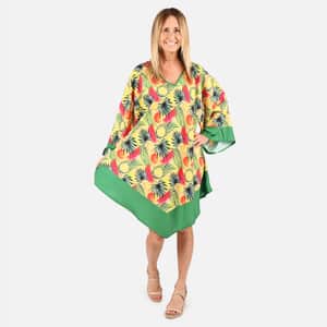 Tamsy Yellow and Green Floral & Fruit Print Handkerchief Kaftan Dress - One Size Fits Most , Holiday Dress , Swimsuit Cover Up , Beach Cover Ups , Holiday Clothes