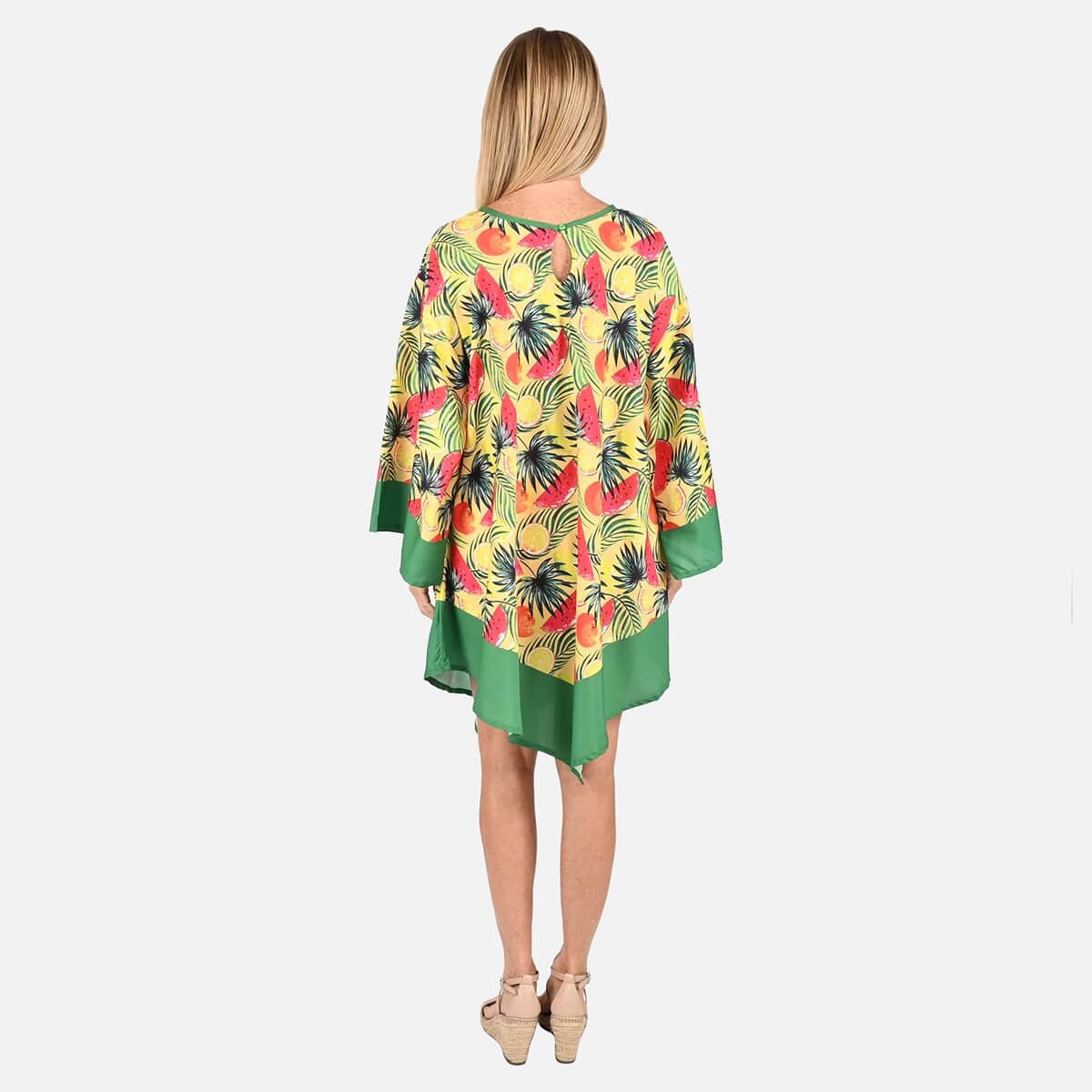 Tamsy Yellow and Green Floral & Fruit Print Handkerchief Kaftan Dress - One Size Fits Most , Holiday Dress , Swimsuit Cover Up , Beach Cover Ups , Holiday Clothes image number 1
