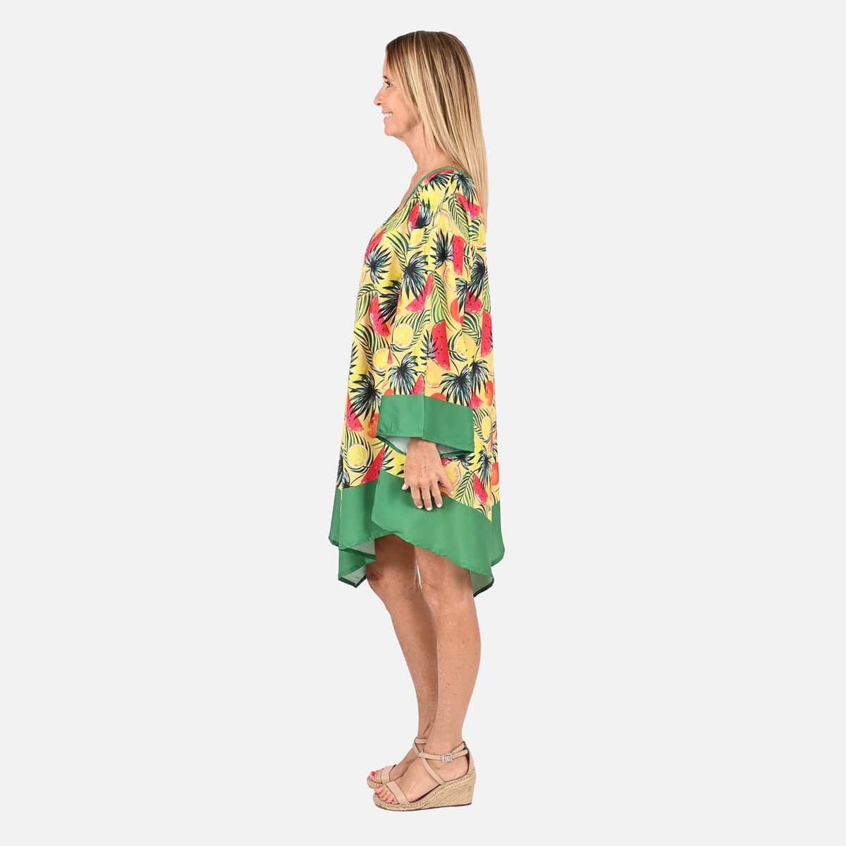 Tamsy Yellow and Green Floral & Fruit Print Handkerchief Kaftan Dress - One Size Fits Most , Holiday Dress , Swimsuit Cover Up , Beach Cover Ups , Holiday Clothes image number 2