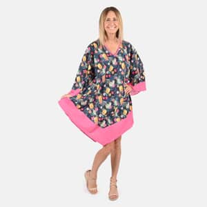 Tamsy Blue and Baby Pink Floral & Pineapple Print Handkerchief Kaftan Dress - One Size Fits Most , Holiday Dress , Swimsuit Cover Up , Beach Cover Ups , Holiday Clothes