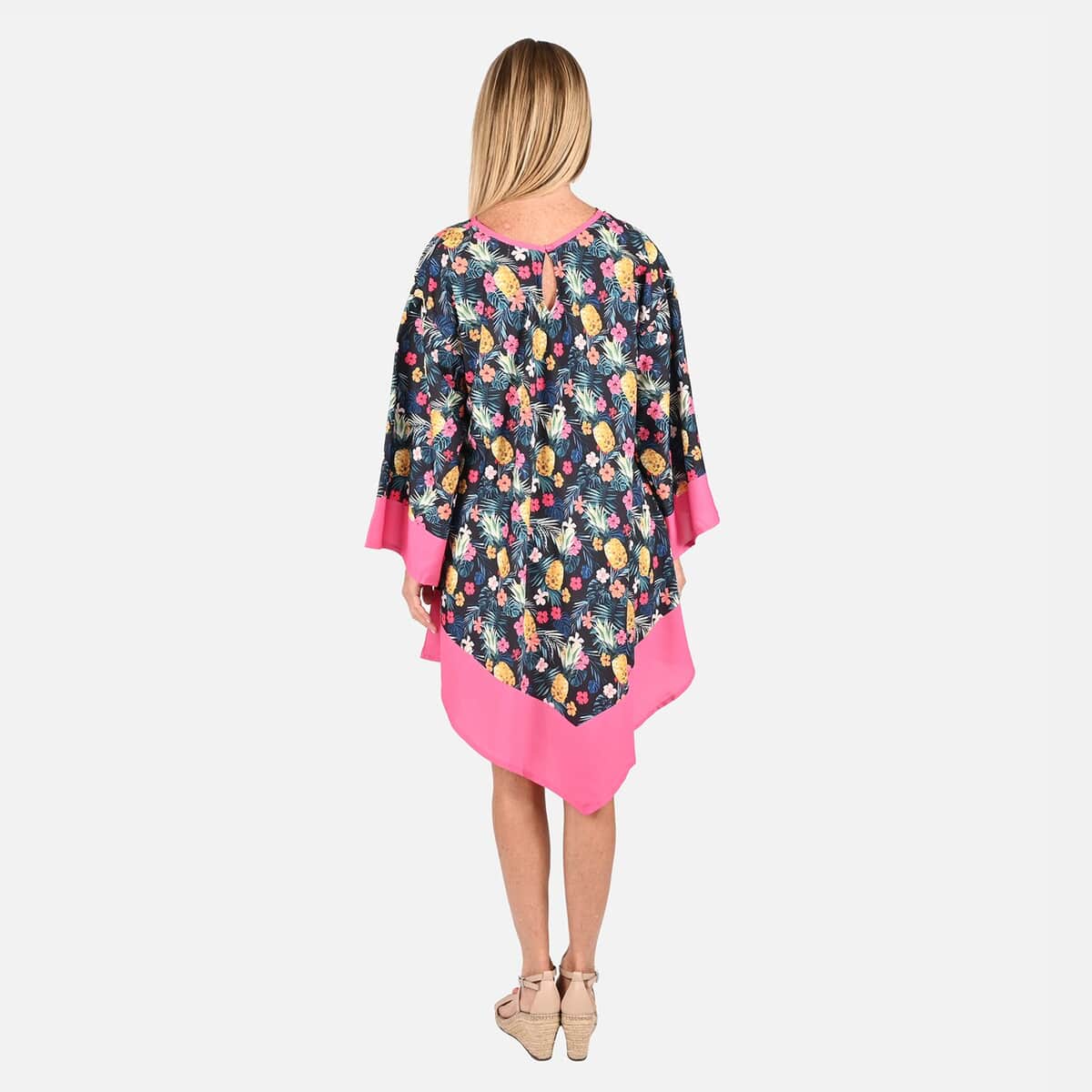 Tamsy Blue and Baby Pink Floral & Pineapple Print Handkerchief Kaftan Dress - One Size Fits Most , Holiday Dress , Swimsuit Cover Up , Beach Cover Ups , Holiday Clothes image number 1