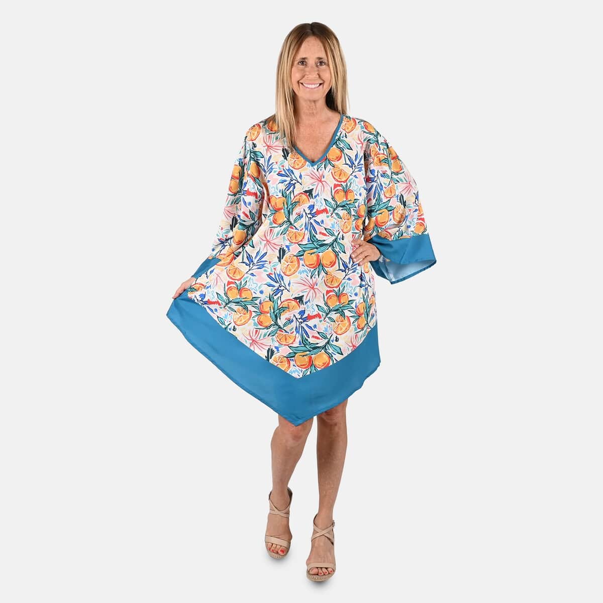 Tamsy White and Sky Blue Floral & Citrus Print Handkerchief Kaftan Dress - One Size Fits Most , Holiday Dress , Swimsuit Cover Up , Beach Cover Ups , Holiday Clothes image number 0