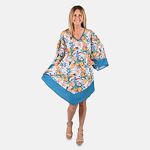 Tamsy White and Sky Blue Floral & Citrus Print Handkerchief Kaftan Dress - One Size Fits Most , Holiday Dress , Swimsuit Cover Up , Beach Cover Ups , Holiday Clothes